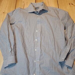 Men's Michael Kors Dress Shirt Plaid Button Down Large 16.5 Blue Tan Slim Fit